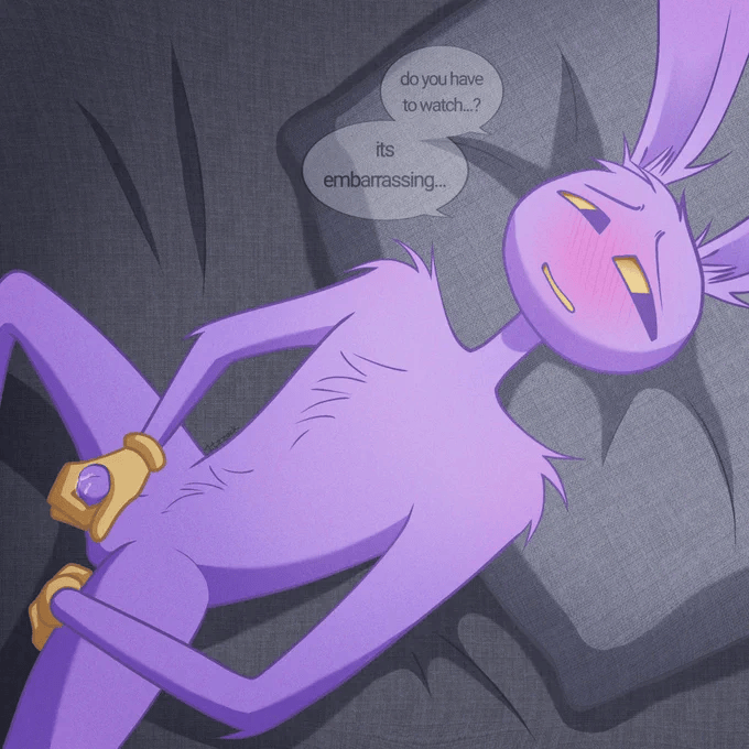 1boy, 1tzzack, 2d, blush, fanart, fur, jax (tadc), jax (the amazing digital circus), looking at viewer, male, male masturbation, male only, masturbating, masturbation, on back, on bed, on pillow, open mouth, penis, precum, purple fur, rabbit, rabbit humanoid, shy, solo, text, text bubble, the amazing digital circus, yellow eyes