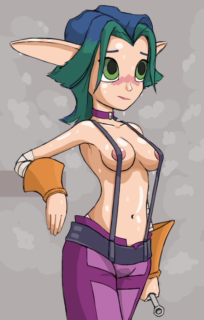 blush breasts choker convenient_censoring elf_ears embarrassed green_eyes green_hair jak_and_daxter keira_hagai naughty_dog pointy_ears sony suspenders topless topless_female wrench