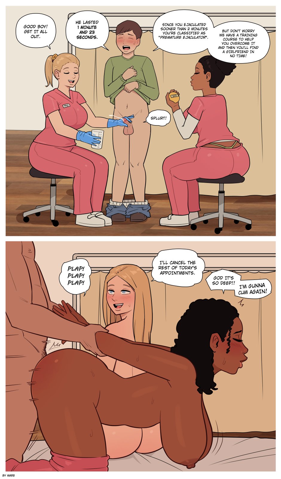 2boys, 2girls, areolae, arms held back, ass, big breasts, black hair, blonde hair, blue eyes, blue gloves, blush, breasts, cheating, cheating female, cuckold, cuckolding, cum, cumshot, dark skin, dark-skinned female, doggy style, faceless male, female, from behind, from behind position, gloved handjob, gloves, hand on penis, handjob, handjob with gloves, hanging breasts, holding penis, interracial, large breasts, latex gloves, light skin, light-skinned male, male, mare ten, medical, netorare, nipples, ntr, nude, penis, penis size difference, pitiful ejaculation, plap, premature ejaculation, sex, small penis, small penis humiliation, smile, speech bubble, straight, text, thick thighs, touching penis, two-finger handjob, virility difference, weak ejaculation