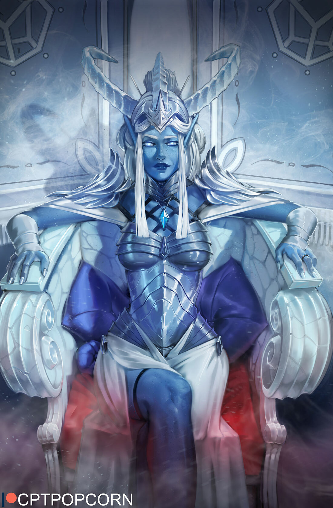 abs, altar, armor, blue nipples, blue skin, breasts, bright pupils, cptpopcorn, critical role, critical role: the mighty nein, dark elf, dungeons and dragons, female, freckles, leylas kryn, the bright queen, white hair