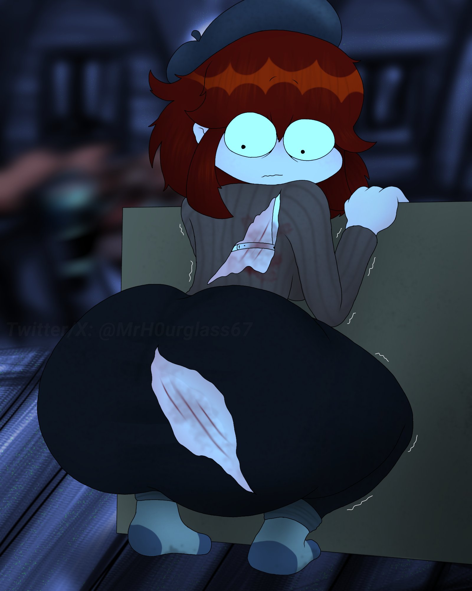 auburn hair, big ass, big breasts, bubble butt, cut mark, fat ass, friday night funkin, girlfriend (friday night funkin), h0urglass (artist), hiding, huge ass, hurt, looking at own butt, massacre girlfriend (friday night funkin), millie (mistful crimson morning), mistful crimson morning, scary, torn clothes, torn clothing, trembling, trembling legs