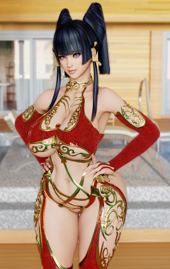 1girls, 3d, bare shoulders, big breasts, black hair, breasts, cleavage, dead or alive, female, female only, hair ornament, hands on hips, hourglass figure, large breasts, navel, nyotengu, revealing clothes, shinigami0139, solo, thick thighs, thighhighs, thighs, underboob, wide hips