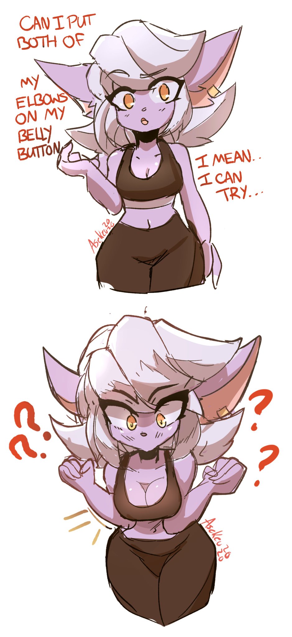 asekeu, breast squish, breasts, cleavage, elbows to navel, english text, female, league of legends, sports bra, text, tristana, white hair, yellow eyes, yordle