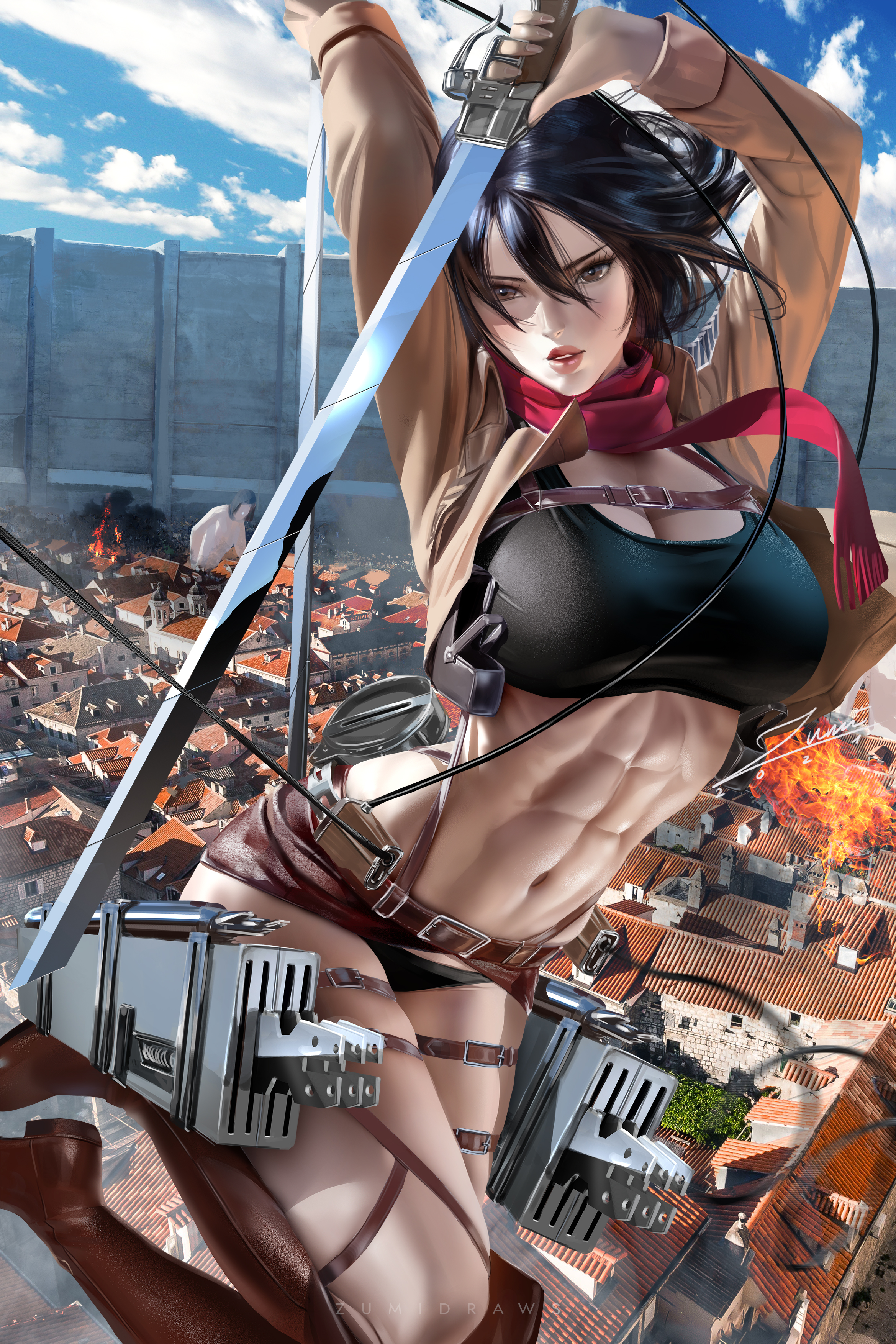 1girls, abs, alternate version available, attack on titan, big breasts, black hair, blades, breasts, female, female focus, female only, highres, mikasa ackerman, scarf, shingeki no kyojin, short hair, solo, sports bra, tagme, zumi