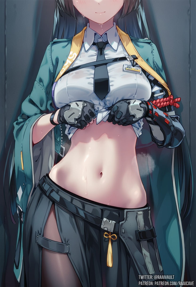 ai generated, belly, belly button, black hair, exposed belly, hips, hoshimi miyabi, lifting shirt, medium breasts, midriff, navel, raaicave, skirt, tummy, zenless zone zero