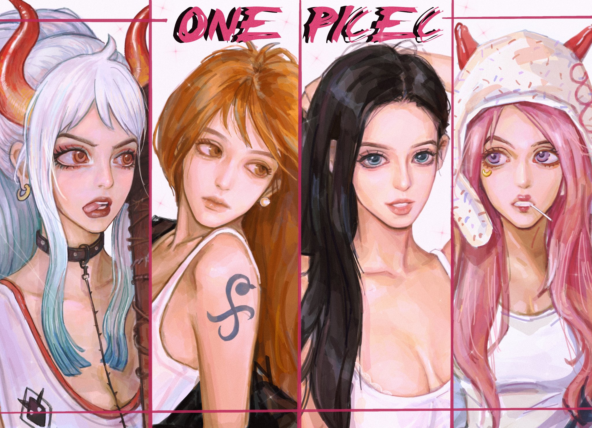 4girls, arm tattoo, artist request, black hair, black-haired female, blue tattoo, cigarette, female, female only, fully clothed, hoop earrings, jewelry bonney, licking lips, meidaoxxri, multiple females, multiple girls, nami (one piece), nico robin, one piece, orange hair, orange-haired female, pink hair, pink-haired female, pirate, post-timeskip, tattoo, two-tone hair, white hair, white-haired female, yamato (one piece)
