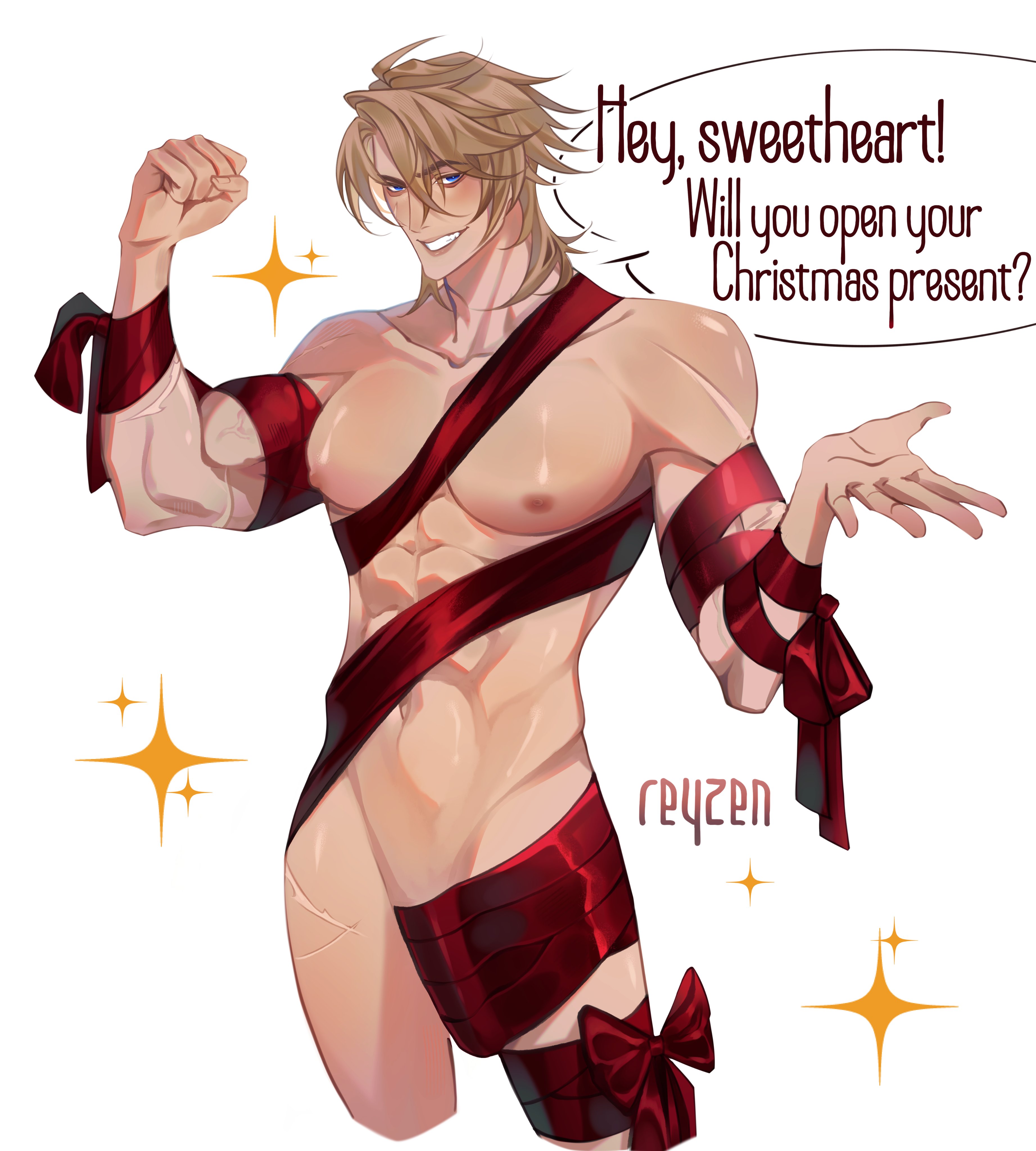 1boy, abs, biceps, big chest, big pecs, blonde hair, blue eyes, chest, christmas, english text, gay, genshin impact, gift wrapped, himbo, hoyoverse, huge chest, huge pecs, male, male only, muscular, muscular male, muscular pecs, pecs, ribbon, ribbon bondage, ribbons, scars, scars on arm, v line, varka, varka (genshin impact), yaoi