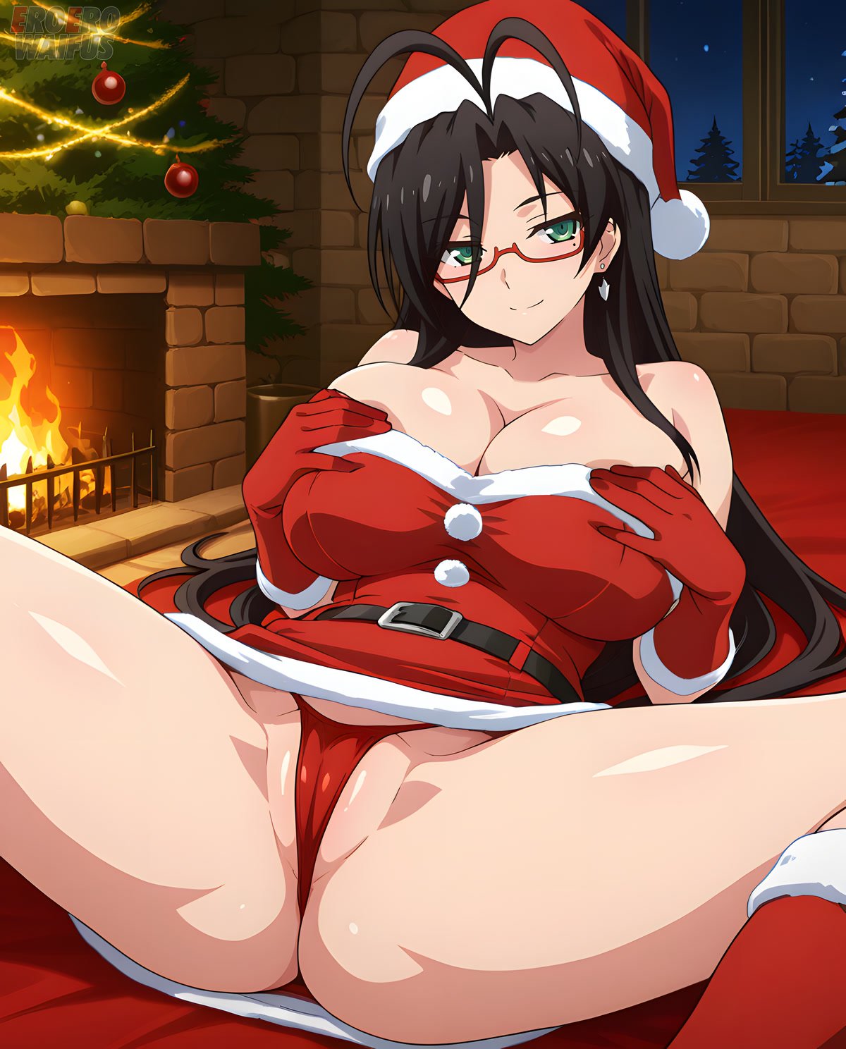 ai generated, bare thighs, black hair, breast grab, christmas, eroero waifus, gigantic breasts, glasses, green eyes, hasegawa chisato, huge breasts, huge thighs, light skin, light-skinned female, long hair, looking at viewer, massive breasts, mature female, panties, pussy visible through panties, santa costume, santa hat, shinmai maou no testament, smiling, solo female, squatting, sweat, sweatdrop, thick body, thick female, thick thighs, thighhighs, thighs, voluptuous, voluptuous female
