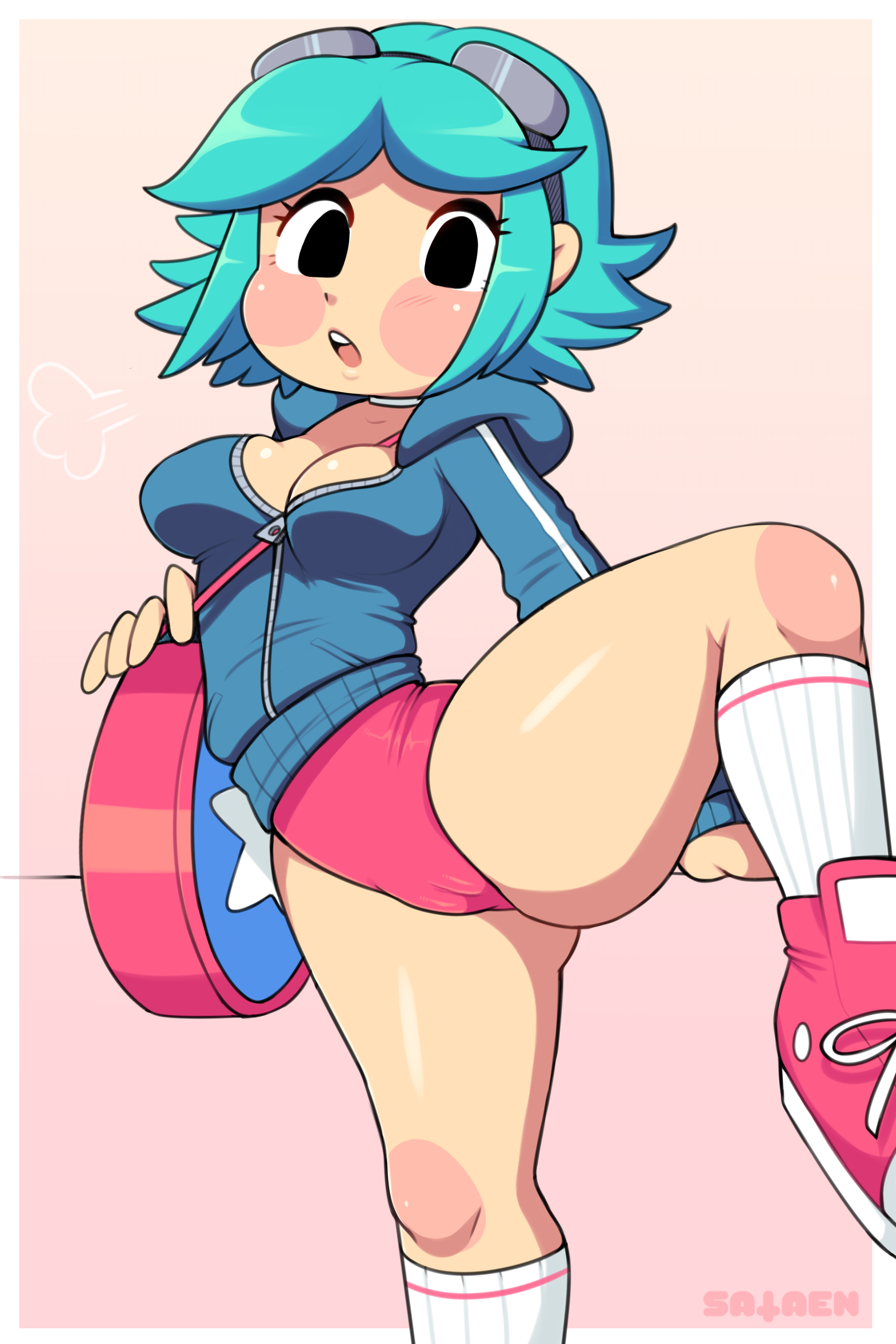 1girls, bag, blue hair, blush, breasts, buruma, cameltoe, cleavage, female, human, kneehighs, leg lift, pussy, ramona flowers, sataenart, scott pilgrim, sneakers, standing, standing on one leg, tagme