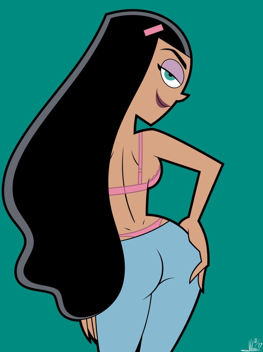 1girls, accurate art style, alternate version available, black hair, blue eyes, bra, breasts, danny phantom, dlt, female, long hair, nickelodeon, panties, pants, paulina sanchez, pink underwear, thong, underwear