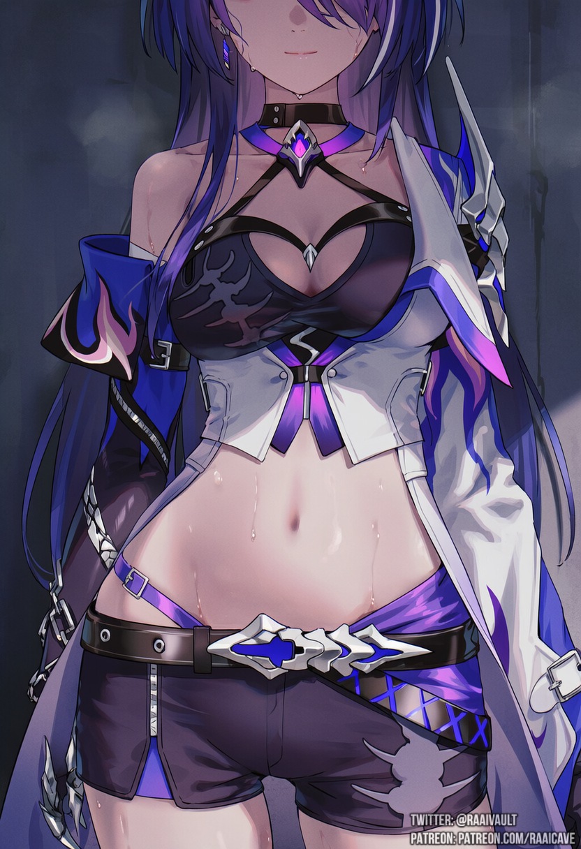 1girls, acheron (honkai: star rail), ai generated, belly, belly button, cleavage, exposed belly, honkai: star rail, long hair, midriff, navel, purple hair, raaicave, shorts, tummy