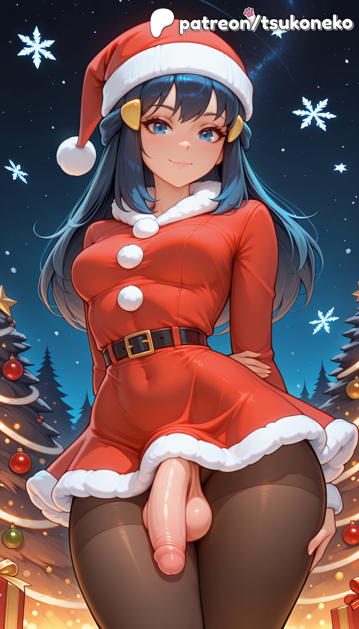 1futa, 2025, ai assisted, ai generated, anime, artist name, bell, belt, black legwear, bulge, christmas, christmas lights, christmas ornaments, city lights, cock, cock keyhole clothing, crossdressing, dawn (pokemon), dick, erection, erection under clothes, explicit, fireplace, foreskin, fur trim, futanari, gift, gift box, hat, hi res, high quality, high resolution, highres, light particles, merry christmas, night, night sky, otoko no ko, pantyhose, patreon, patreon username, penis, pokemon, pokemon trainer, sky, smile, snow, snowflakes, stable diffusion, testicles, tsukoneko, watermark, window, wreath