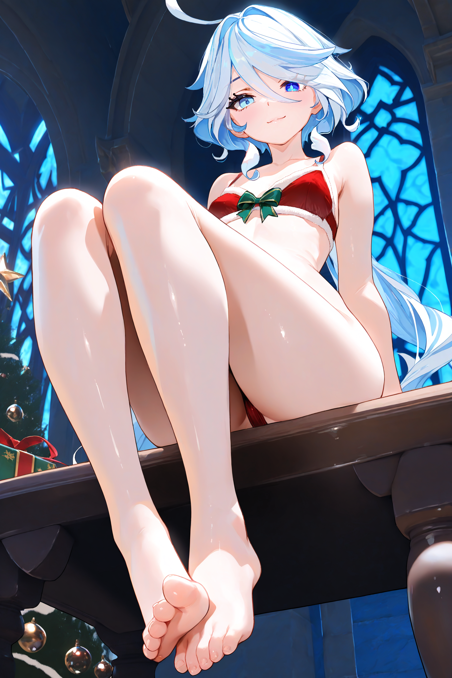 ai generated, breasts, christmas, feet, female, female only, focus, from below, full body, furina (genshin impact), furiwif07, genshin impact, hoyoverse, looking at viewer, mihoyo, seductive, seductive look, sex, sitting, small breasts, smile, sweat, table, toes