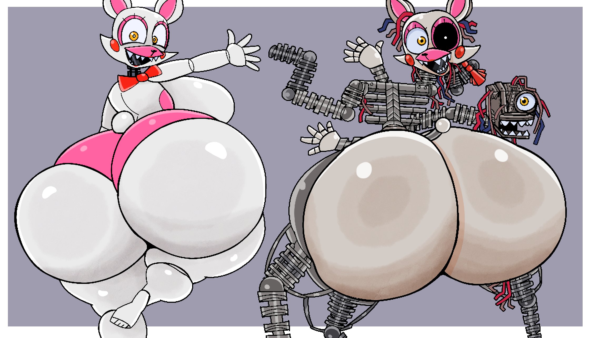2 heads, anthro, ass, big ass, exposed endoskeleton, female only, five nights at freddy's, funtime foxy (fnaf), furu flami, hyper ass, looking at viewer, looking back, looking back at viewer, mangle (fnaf)