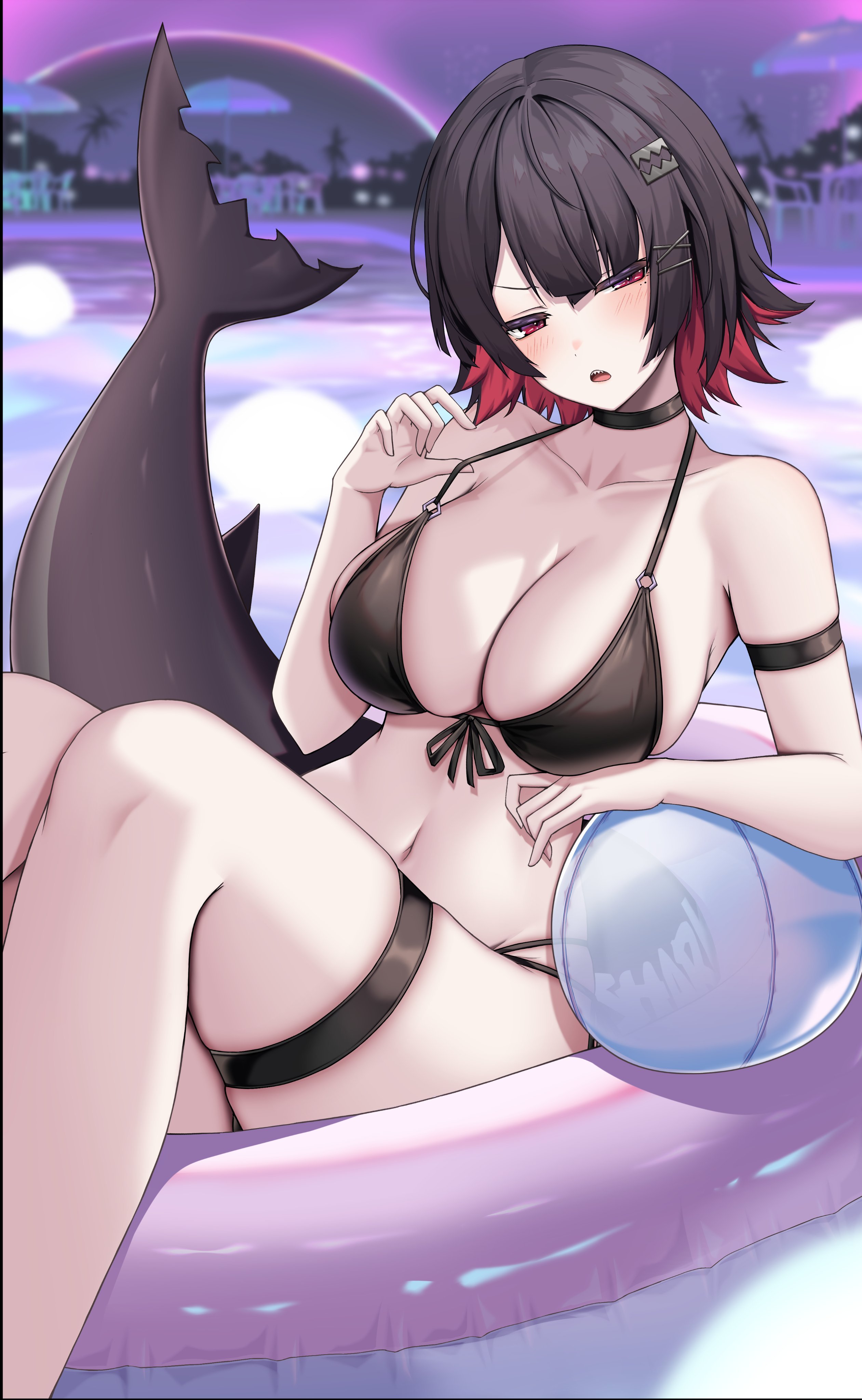 1girls, arm strap, ball, beachball, bikini, black bikini, black choker, black hair, breasts, choker, cleavage, collarbone, colored inner hair, ellen joe, feet out of frame, female, fins, fish tail, front-tie bikini top, front-tie top, half-closed eyes, halterneck, highres, innertube, kushinaka, large breasts, looking at viewer, mole, mole under eye, multi-strapped bikini bottom, multicolored hair, navel, on innertube, open mouth, red eyes, red hair, shark girl, shark tail, sharp teeth, short hair, side-tie bikini bottom, skindentation, solo, stomach, strap pull, string bikini, swim ring, swimsuit, tail, teeth, thigh strap, zenless zone zero