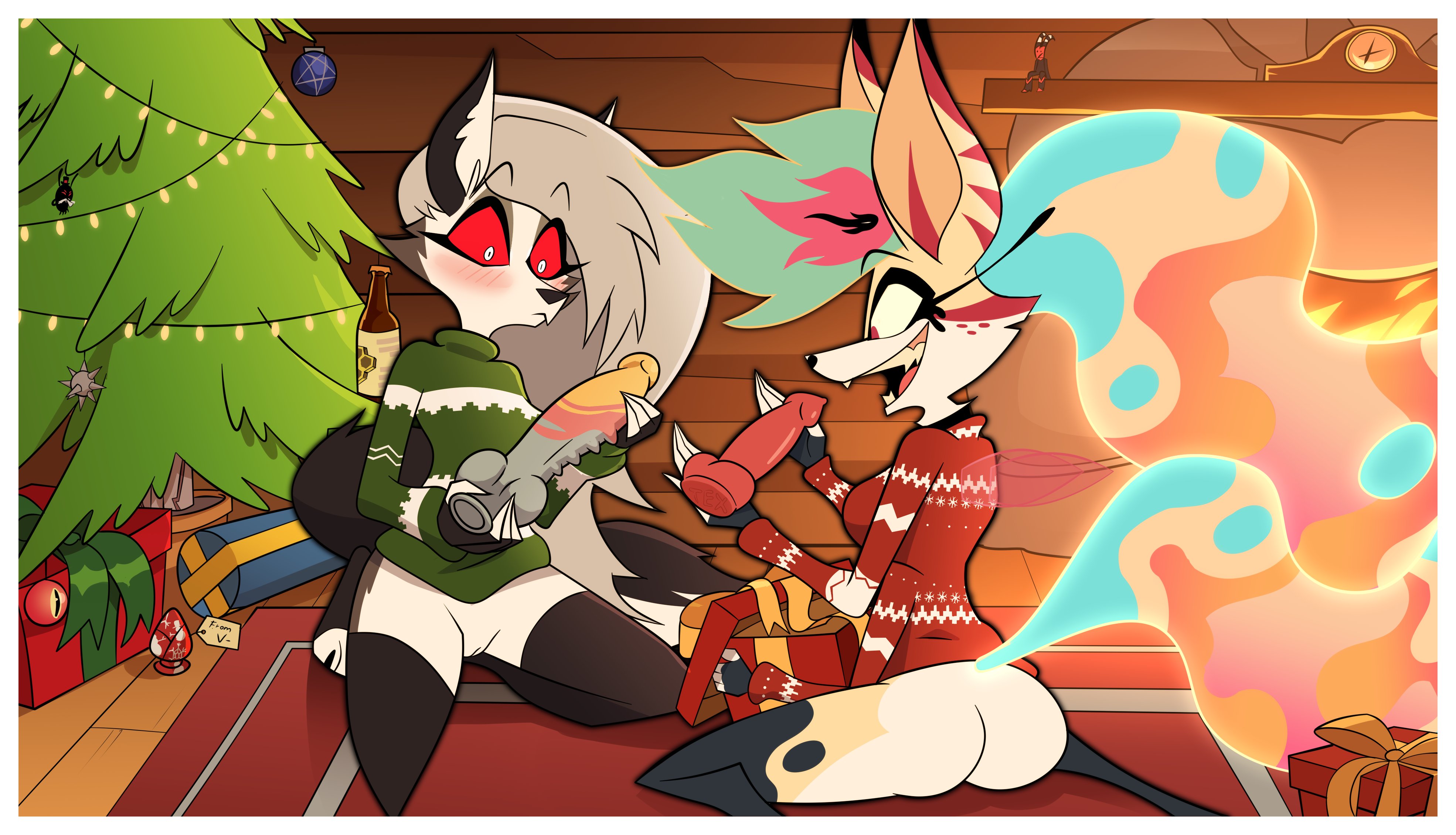 2d, 2d (artwork), 2d artwork, 4 arms, animal genitalia, anthro, beelzebub, blush, bottomless, canine, christmas, christmas outfit, christmas tree, deadinside97, dildo, female, furry, gifts, helluva boss, holding, holding object, knot, knotted dildo, leggings, loona, presents, pussy, queen bee-lzebub (helluva boss), red sclera, sex toy, sharp teeth, smile, sweater, tail, white iris, wolf