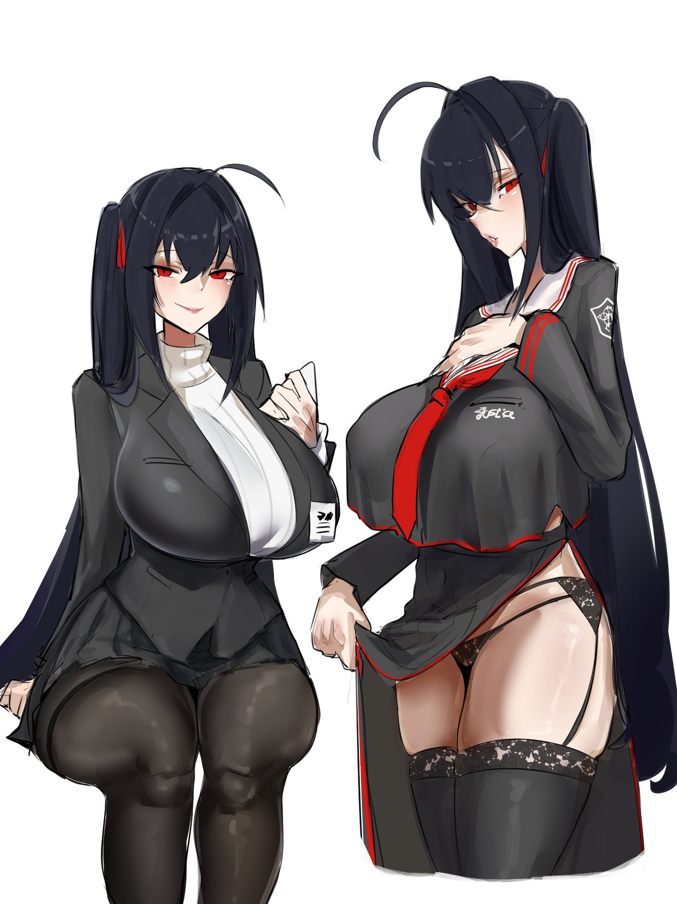 1girls, azur lane, black panties, blue archive, breasts, cosplay, deliriumz666 (deliriums666), garter belt, garter straps, hasumi (blue archive) (cosplay), huge breasts, light skin, light-skinned female, lingerie, lingerie under clothes, necktie, notepad, office clothing, office lady, panties, red eyes, red necktie, rio (blue archive) (cosplay), sakura empire (azur lane), simple background, skirt, skirt lift, smile, taihou (azur lane), tights, turtleneck, twintails, white background