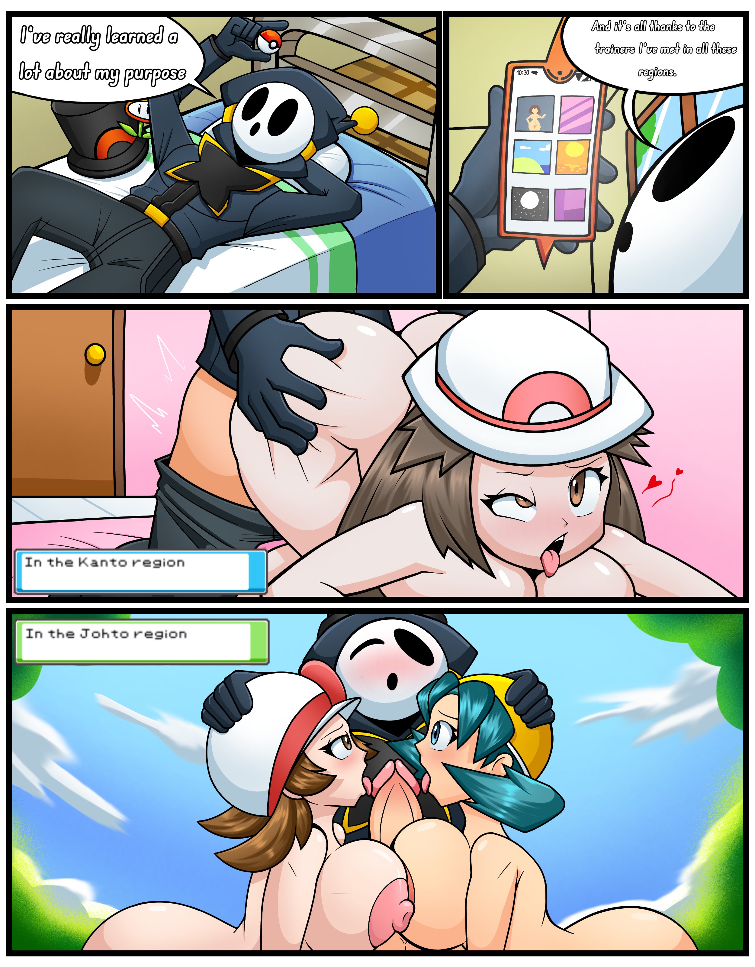 1boy, 3girls, aged up, ahe gao, ahegao face, anti groove, big ass, big breasts, big butt, blue eyes, brown eyes, brown hair, clothed male, clothed male nude female, comic, doggy style, english text, hat, kris (pokemon), leaf (pokemon), licking penis, lyra (pokemon), multiple scenes, oc, phone, pokeball, pokemon, shy guy, teal hair, tied hair, tounge out, vaginal penetration