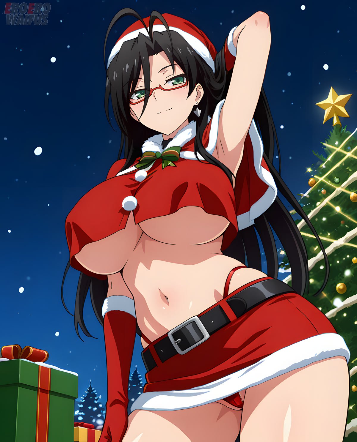 ai generated, bare thighs, black hair, christmas, eroero waifus, gigantic breasts, glasses, green eyes, hasegawa chisato, huge breasts, huge thighs, light skin, light-skinned female, long hair, looking down, low-angle view, massive breasts, mature female, panties, santa costume, santa hat, shinmai maou no testament, smiling, solo female, squatting, sweat, sweatdrop, thick body, thick female, thick thighs, thighs, voluptuous, voluptuous female