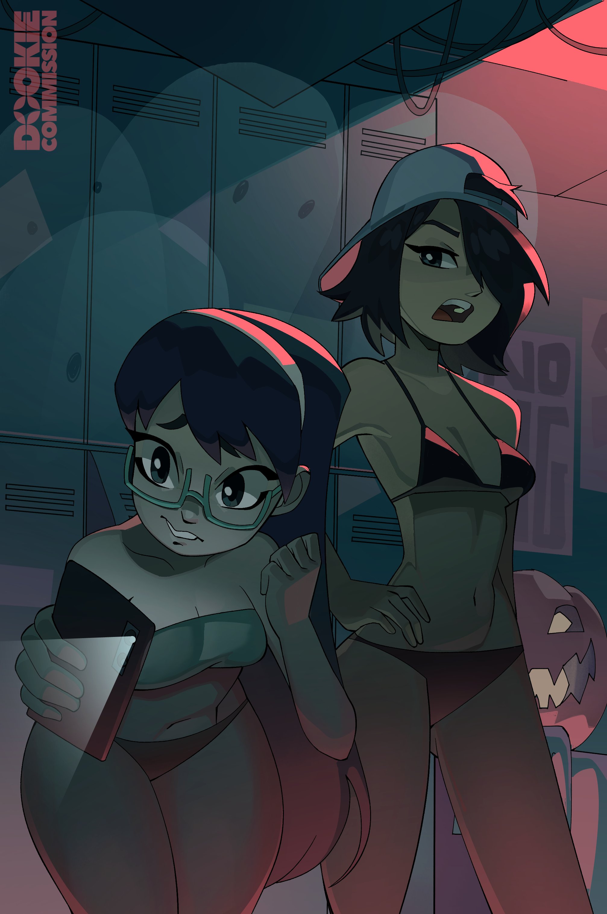 2girls, amiokay, artist name, bangs, bangs over one eye, belly button, bikini, bikini bottom, bikini top, breasts, dark skin, dark-skinned female, dookie, fattcactus, ghost, glasses, glasses on face, halloween, hat, jack-o'-lantern, light skin, light-skinned female, locker room, long hair, navel, nerd, nerdy female, original character, original characters, pumpkin, short hair, smartphone, swimsuit, thighs, tomboy, two-piece swimsuit