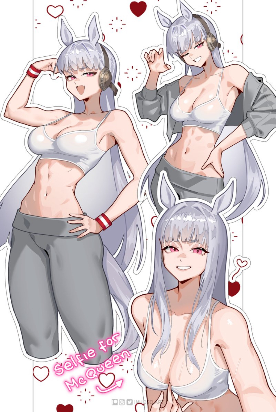 1girls, abdomen, armpit, armpit peek, bad bitch, belly, belly button, big breasts, bra, bra on, breasts, cleavage, cleavage overflow, curvy, curvy female, curvy figure, cute, cute face, cute female, female, female only, flexing arms, gold ship (umamusume), hand on hip, hips, horse, horse ears, horse girl, horse tail, implied yuri, inhoso, looking at viewer, mejiro mcqueen (umamusume), mentioned character, muscular, muscular abdomen, muscular female, off screen character, offscreen character, offscreen female, pale skin, pale skinned female, pants, pink eyes, posing for the viewer, sexy, sexy body, sexy female, silver hair, slim waist, smirk, smirking at viewer, solo, solo female, staring at viewer, thicc, thicc thighs, thick thighs, thighs, tiny waist, tummy, umamusume, umamusume pretty derby, waist, water, water drop, water on breasts, yuri