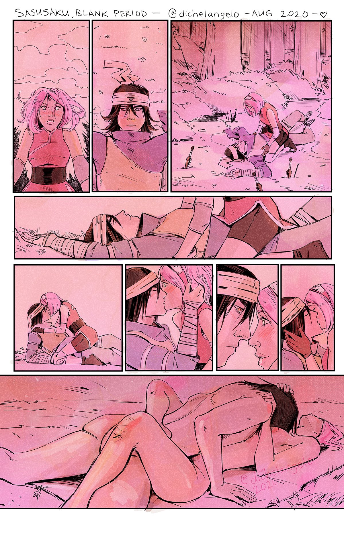 1boy, 1girls, 2020, bare arms, bare back, bare breasts, bare legs, bare shoulders, black hair, breasts, comic, dated, dichelangelo, female, female penetrated, head in cleavage, kissing, lying on back, male, male penetrating, male/female, missionary, missionary position, naruto, naruto (series), naruto: the last, nipples, nude, nude female, nude male, outdoors, penetration, pink hair, sakura haruno, sasuke uchiha, sex, straight, vaginal penetration