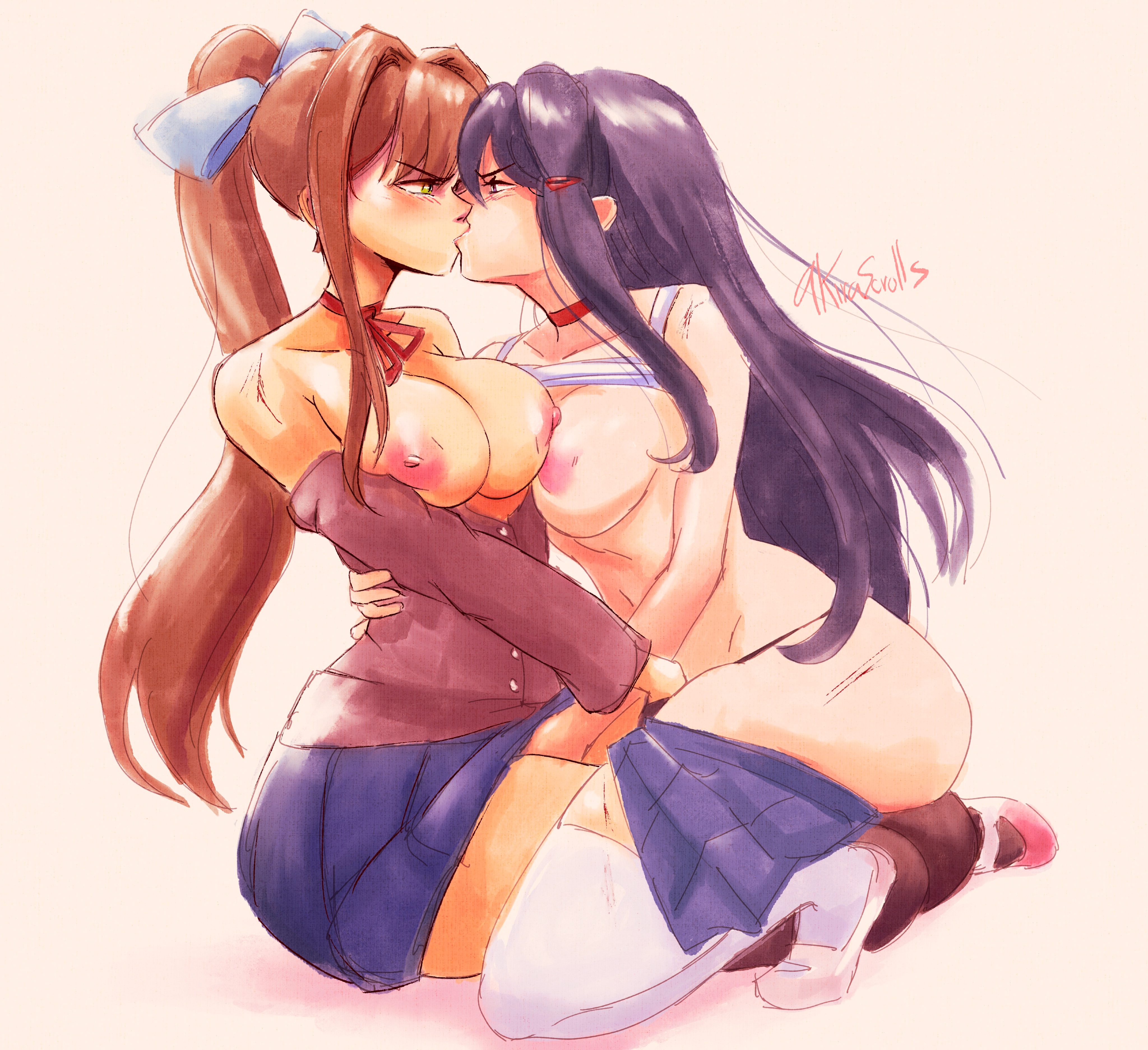 2girls, akirascrolls, angry, angry kiss, annoyed, areolae, ass, blush, bow, breasts, brown hair, catfight, competitive intercourse, doki doki literature club, female, female only, fingering, hate sex, kissing, large breasts, long hair, monika (doki doki literature club), multiple females, multiple girls, nipples, ponytail, purple hair, sexfight, yuri, yuri (doki doki literature club)
