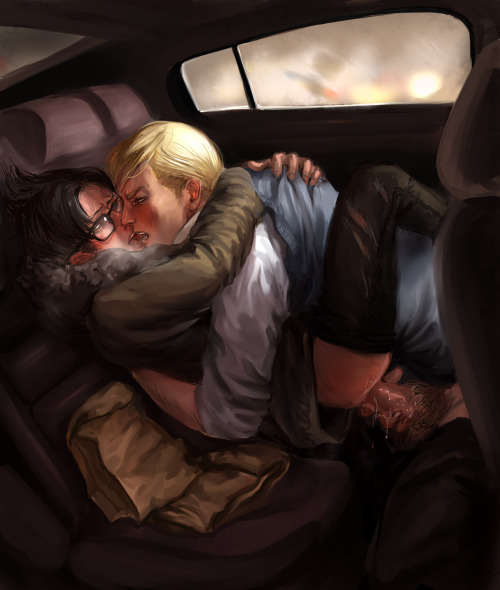 2boys aivelin alternate_universe anal anal_sex arms_around_shoulders attack_on_titan black_hair black_hair_bottom blonde_hair blonde_hair_on_black_hair blonde_hair_top car car_interior domination erwin_smith eye_contact gay glasses hand_on_penis inside_car kissing levi levi_ackerman light_hair_on_dark_hair male/male male_penetrated male_penetrating penis pubic_hair shingeki_no_kyojin yaoi