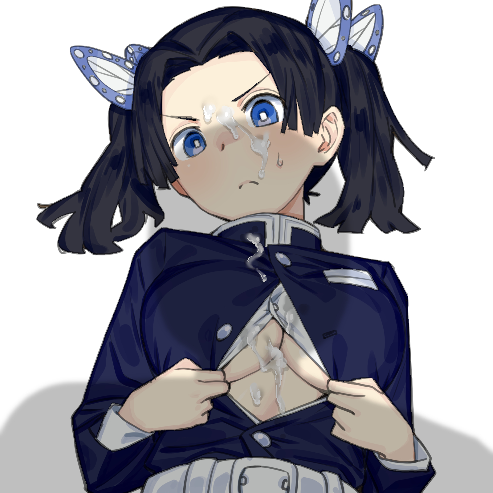 1girls, after paizuri, black hair, blue eyes, breasts, butterfly hair ornament, cleavage, cum, cum on breasts, cum on clothes, cum on face, demon slayer, female, kanzaki aoi (kimetsu no yaiba), kimetsu no yaiba, onsen tamago (hs egg), paizuri, paizuri under clothes, solo, sweatdrop, twintails, unbuttoned shirt, underboob, undressing