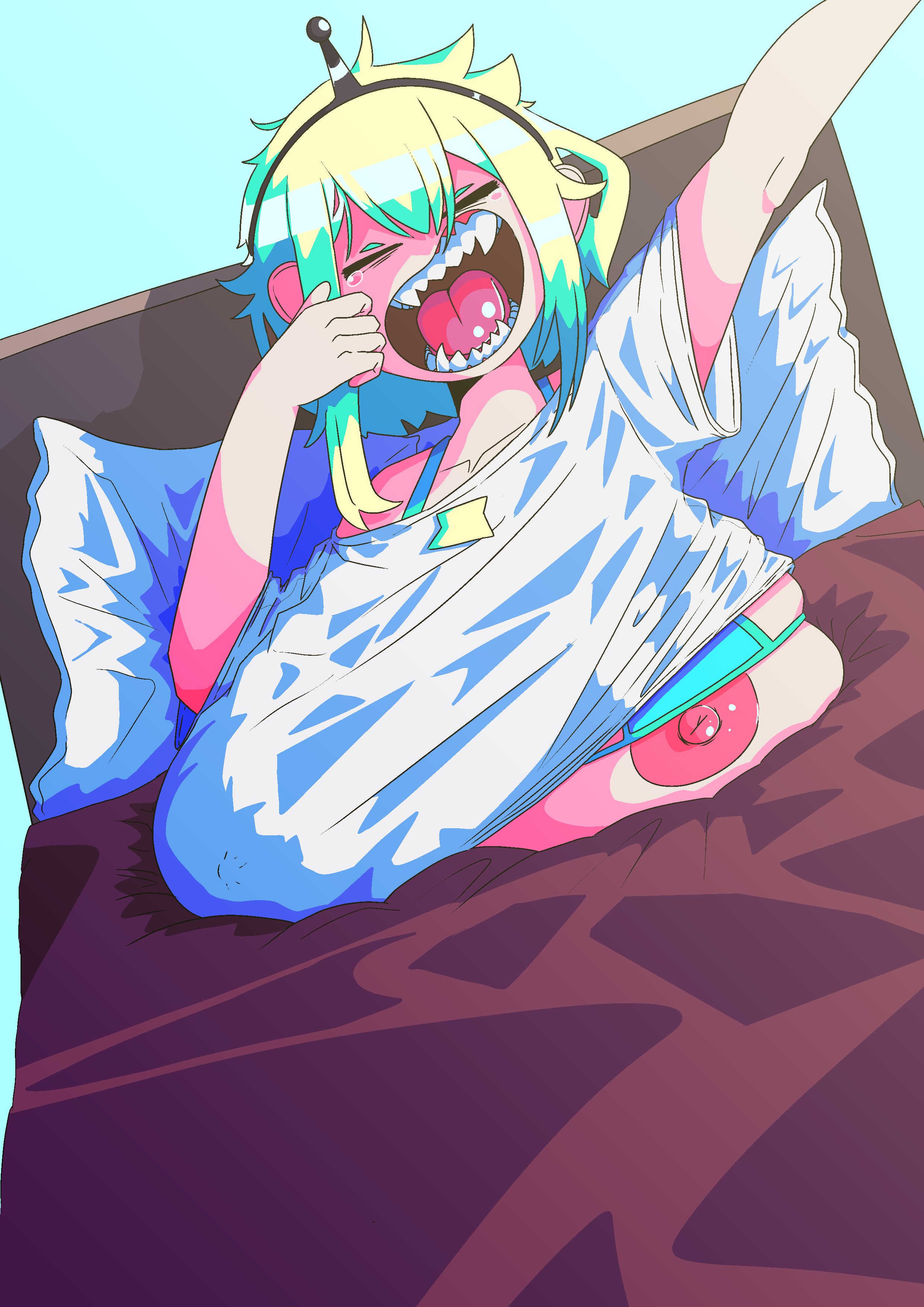 1girls, amano pikamee, areola, bed, big breasts, breasts, female, female only, huge breasts, nipple slip, nipples, open mouth, sharp teeth, silverplatin, solo, solo female, tongue, virtual youtuber, voms project, yawning