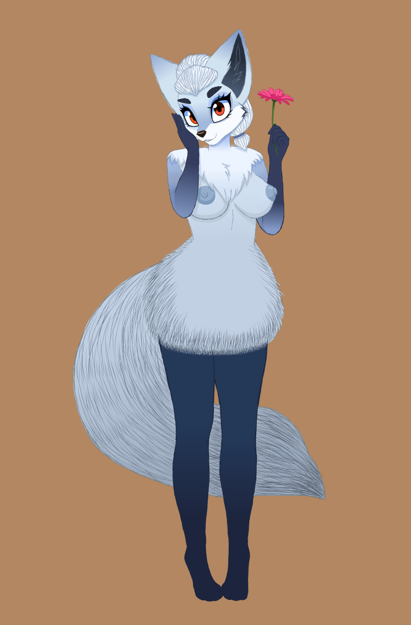 anthro arctic_fox areola big_ears big_eyes breasts brown_eyes canid canine cocaine-leopard conditional_dnp female flower fox hi_res mammal nipples pinup plant pose sheep_and_wolves simone_(sheep_and_wolves) solo standing