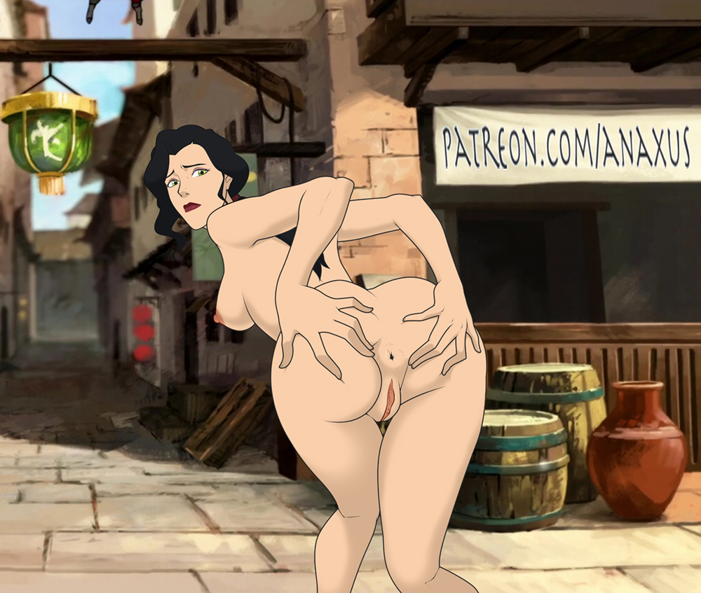 1girls, accurate art style, anaxus, anus, asami sato, ass, ass grab, avatar the last airbender, black hair, breasts, female, green eyes, large breasts, long hair, looking back, medium breasts, nipples, outdoors, ponytail, pussy, sideboob, solo, spread ass, standing, tagme, the legend of korra