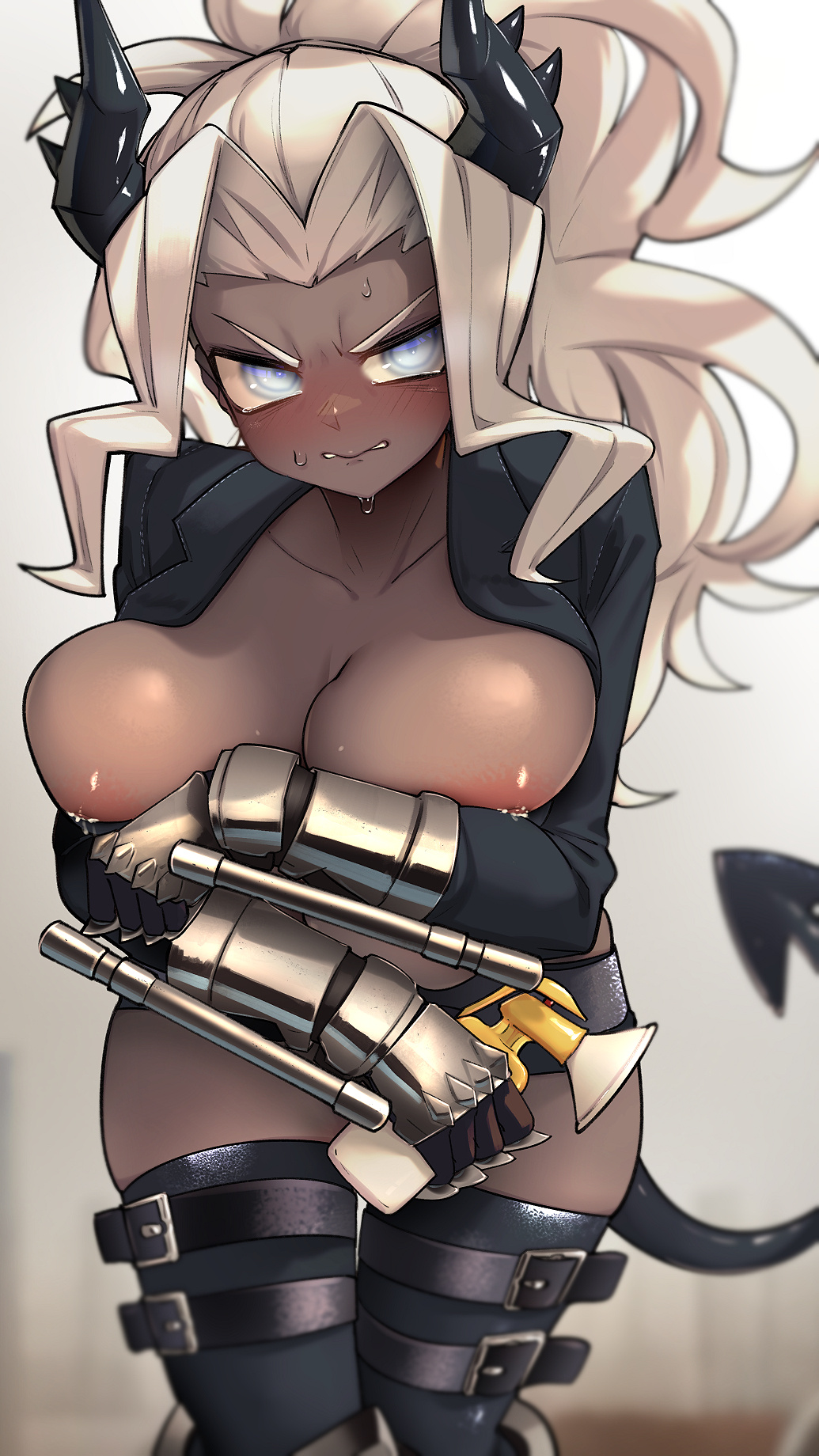angry, areola, areolae, big breasts, blue eyes, blurry background, blush, breast hold, breasts, breasts out, busty, chest, clenched teeth, collarbone, crossed arms, dark skin, dark-skinned female, demon, demon girl, demon horns, demon tail, embarrassed, exposed breasts, eye contact, feet out of frame, female, helltaker, hizake, holding object, horns, huge breasts, judgement (helltaker), kashu (hizake), lactating, lactation, large breasts, leaning forward, legwear, looking at viewer, milk, nipples, no bra, open clothes, ponytail, short shorts, shorts, sidelocks, simple background, sweat, sweatdrop, tail, thigh strap, white hair, wide eyed