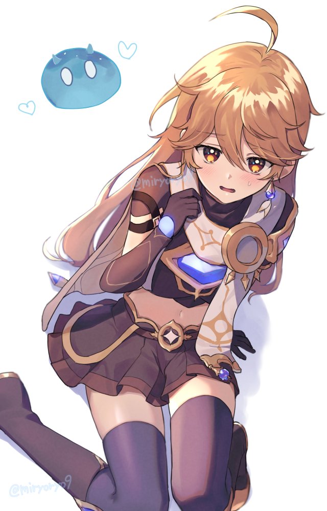 1boy, aether (genshin impact), ahoge, blonde hair, crop top, crossdressing, ear piercing, femboy, feminization, genshin impact, long hair, male, male focus, male only, miryoryo9, skirt, solo, thighhighs, thighs, trap, twink, yellow eyes