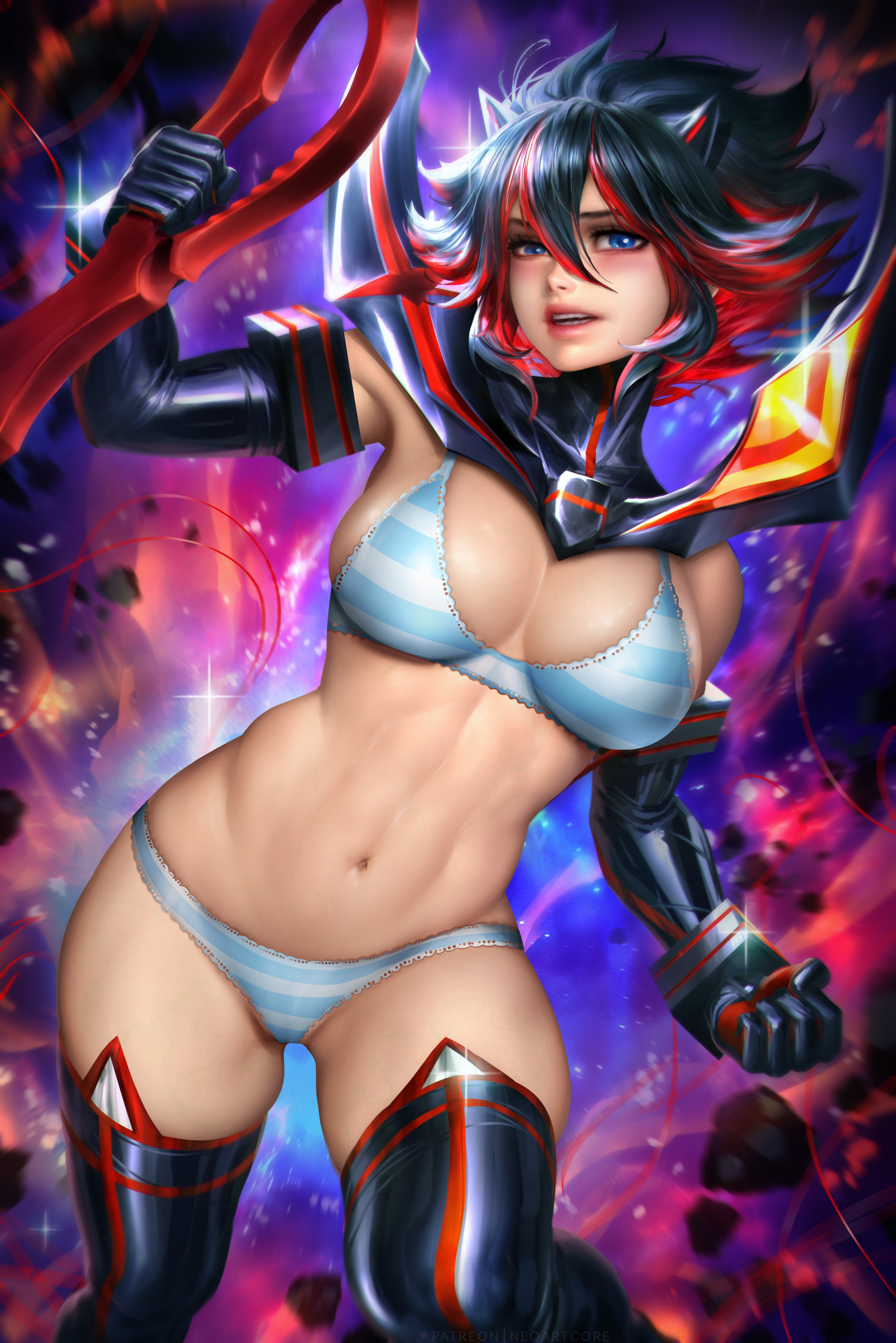 1girls, absurd res, blue and white striped panties, bra, breasts, canon panties, female, gloves, hi res, kill la kill, lingerie, matoi ryuuko, medium breasts, neoartcore, panties, realistic, senketsu, shimapan, solo, solo female