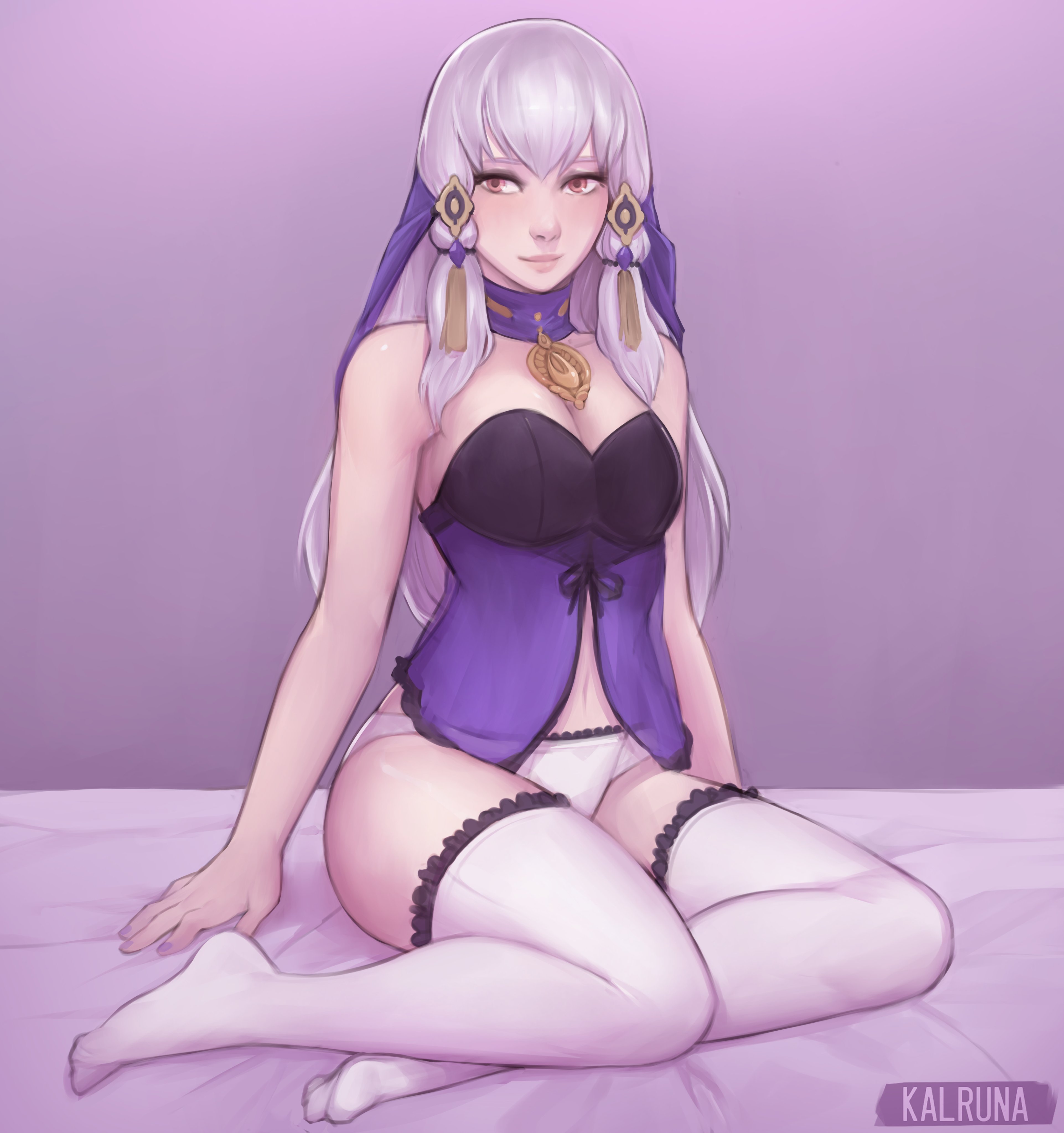 1girls, bare thighs, breasts, cleavage, female, fire emblem, fire emblem: three houses, kalruna, lips, long hair, lysithea von ordelia, medium breasts, negligee, nintendo, panties, pink eyes, see-through, solo, thighhighs, white hair, white panties