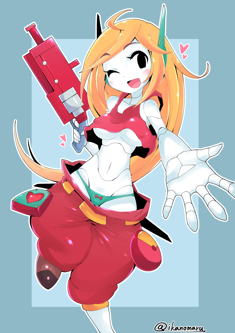 1girls blonde_hair canon_panties casual cave_story clothing curly's_panties curly_brace female firearm green_panties grey_skin gynoid handgun humanoid ikanomaru long_hair machine mob_face open_mouth panties pants_down robot robot_girl robot_joints solo underboob weapon wide_hips