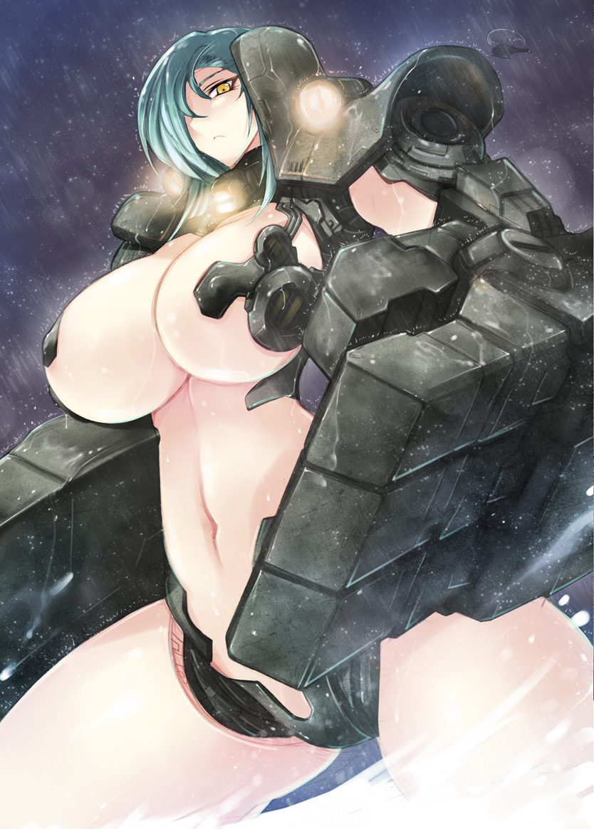 1girls armor bare_midriff bare_thighs belly_button big_breasts breasts cherno_alpha covered_nipples dyed_hair exposed_breasts haganef hair_over_one_eye huge_breasts jeager mecha pacific_rim rain robotic robotic_arm tagme wet yellow_eyes