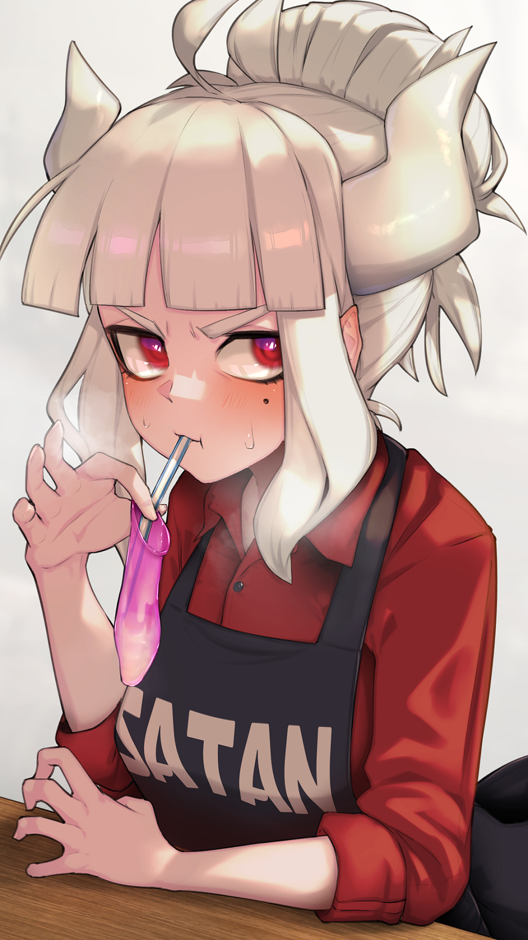 1girls blush clothed cum_in_condom drinking_cum drinking_from_condom female female_only gokkun helltaker hizake horns kashu_(hizake) lucifer_(helltaker) mole_under_eye pointy_ears red_eyes simple_background straw straw_in_condom sweat sweatdrop used_condom white_background