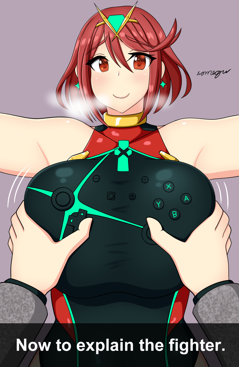 1boy 1girls blush breast_grab game_controller groping groping_breasts huge_breasts humor male_pov masahiro_sakurai nintendo nintendo_switch one-piece_swimsuit pov pyra red_eyes red_hair school_swimsuit short_hair smile somegu super_smash_bros. swimsuit xenoblade_(series) xenoblade_chronicles_2