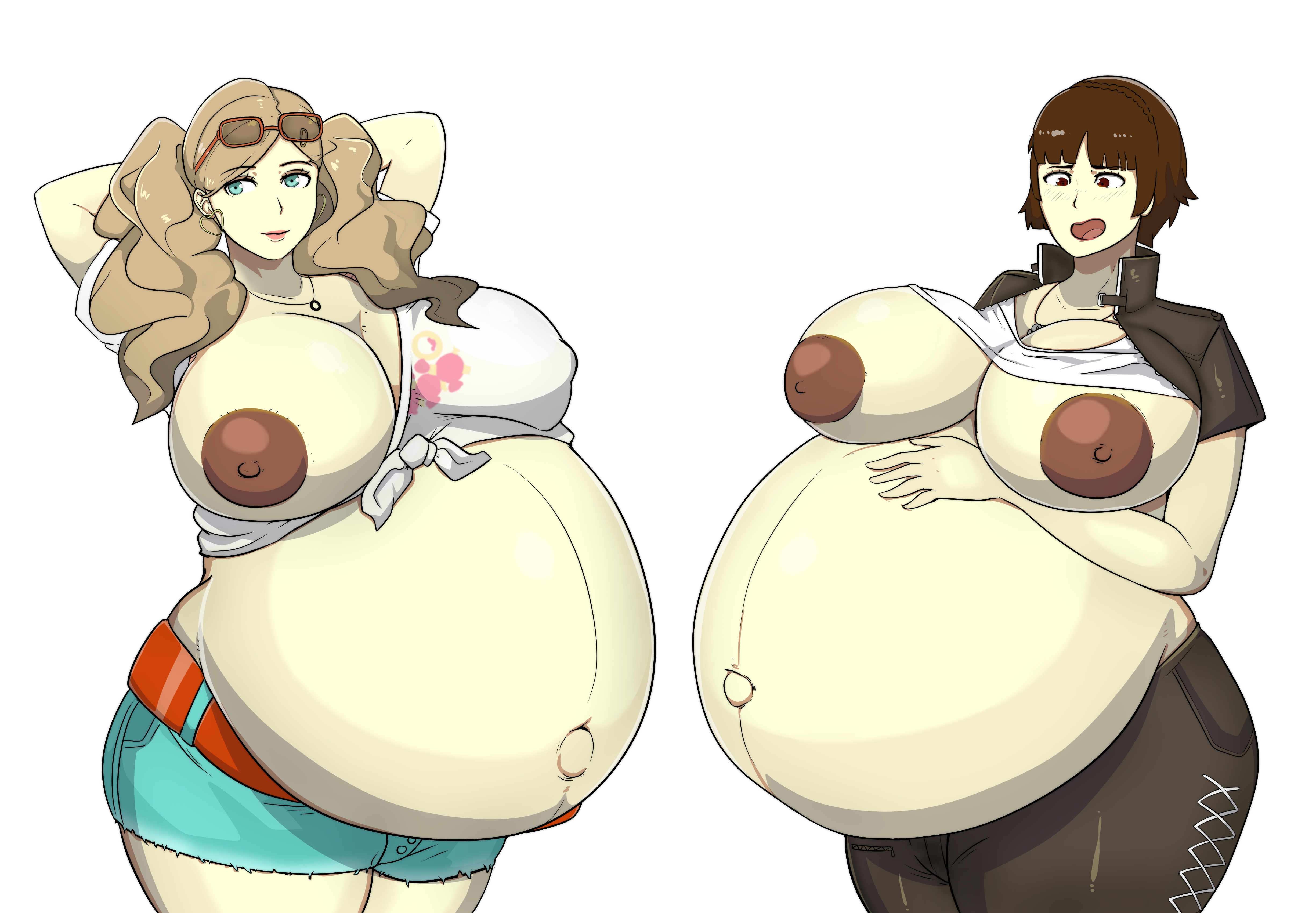 2girls, ann takamaki, belly, big belly, big breasts, breasts, commission, exposed breasts, female, female only, hand on belly, huge belly, hyper belly, hyper pregnancy, makoto niijima, nipples, persona, persona 5, pregnant, ready to pop, tagme, thick thighs, zeruxu