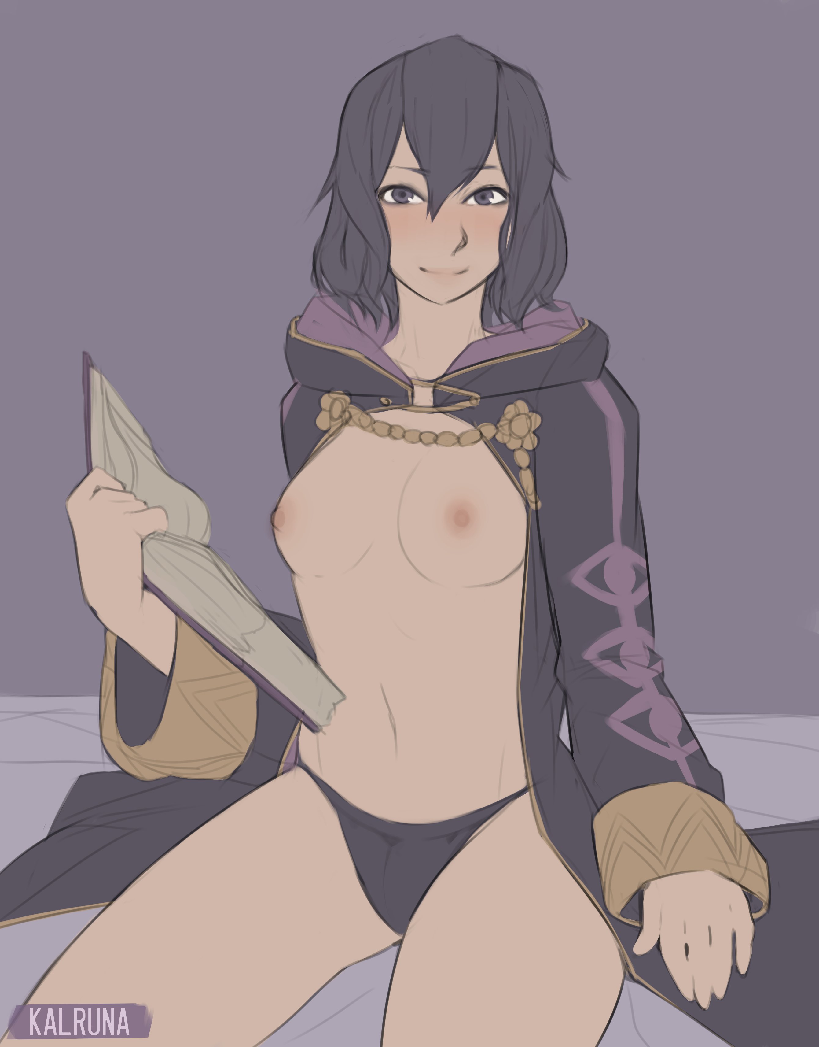 1girls, black eyes, black hair, black panties, book, breasts, coat, female, fire emblem, fire emblem awakening, kalruna, medium breasts, medium hair, morgan (fire emblem), morgan (fire emblem) (female), naked coat, nintendo, nipples, open clothes, panties, smile, solo, solo female
