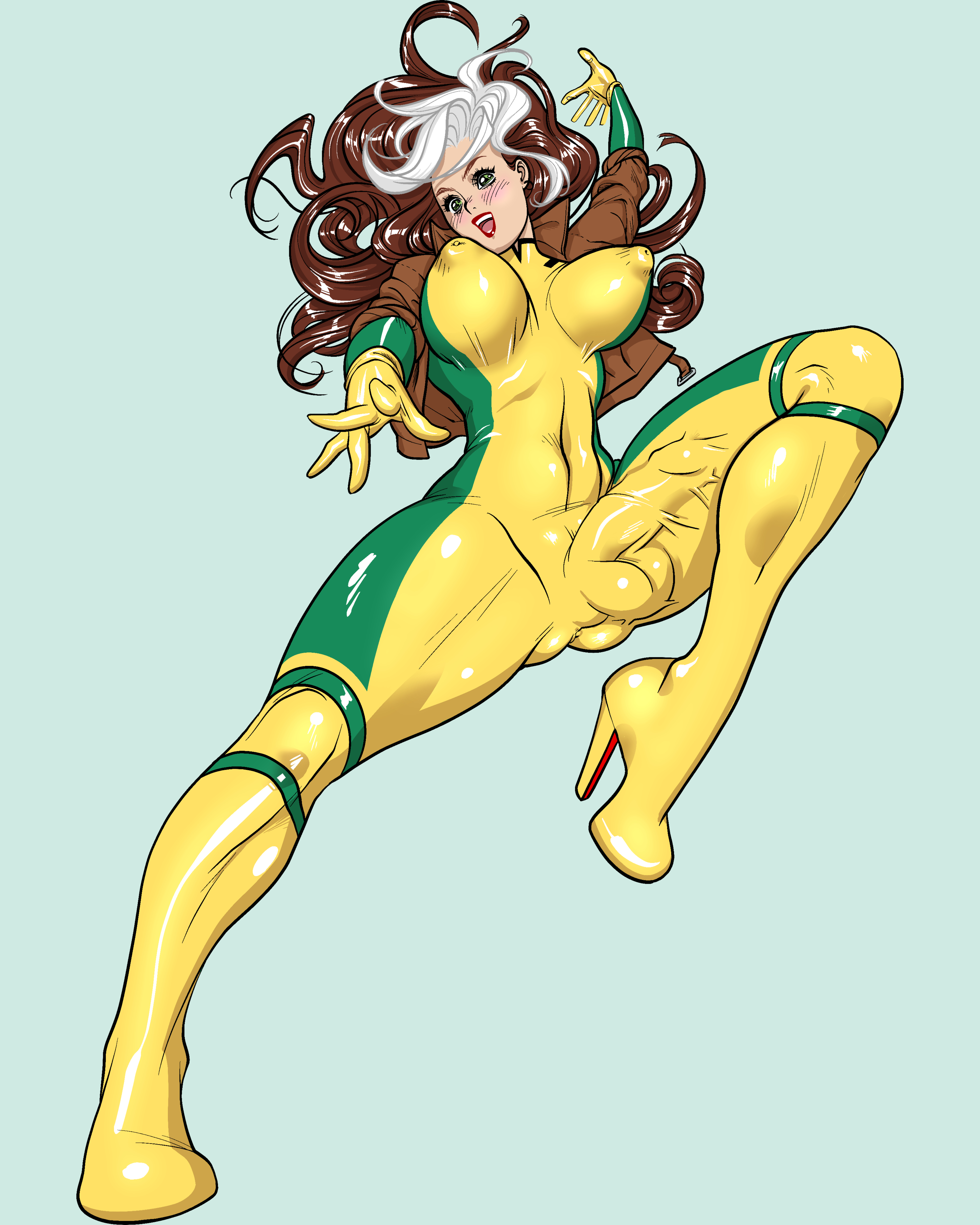 1futa, anna marie, balls, big penis, bodysuit, breasts, clothed, clothing, erection, erection under clothes, fully clothed, futa only, futanari, human, intersex, marvel, marvel comics, nouveauho, pale skin, penis, rogue (x-men), skin tight, solo, x-men