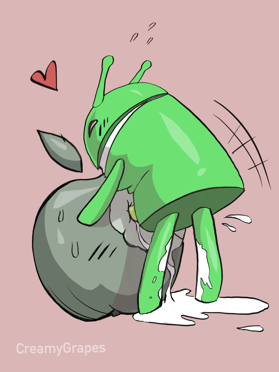 1boy android android_(os) apple apple_inc. bodily_fluids bugdroid company creamygrapes cum food fruit genital_fluids genitals heart hi_res humor logo machine male mascot meme not_furry oral penetration penis plant robot sex simple_background