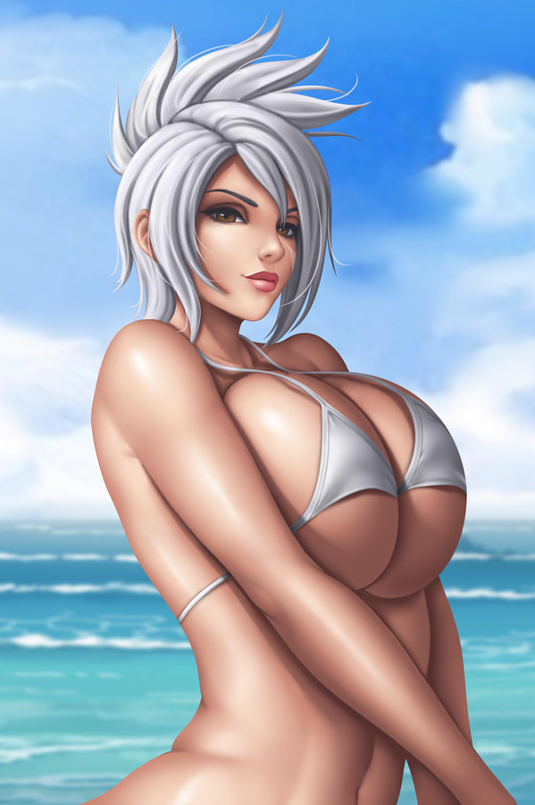 1girls, beach, bikini top, breasts, cleavage, female, female only, flowerxl, huge breasts, league of legends, riven