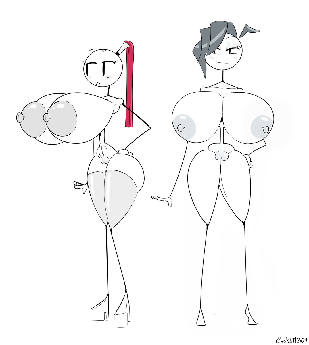2girls, ass, barefoot, big ass, big breasts, big butt, breasts, completely nude, female, female only, full body, hips, huge ass, huge breasts, huge butt, humanoid, hyper breasts, large ass, large breasts, large butt, multiple females, multiple girls, naked, naked female, nude, nude female, pussy, red hair, simple background, standing, stick figure, stickfigure, stickman, tasteofchoklit, thick, thick ass, thick thighs, thighs, wasp waist, white background, wide hips
