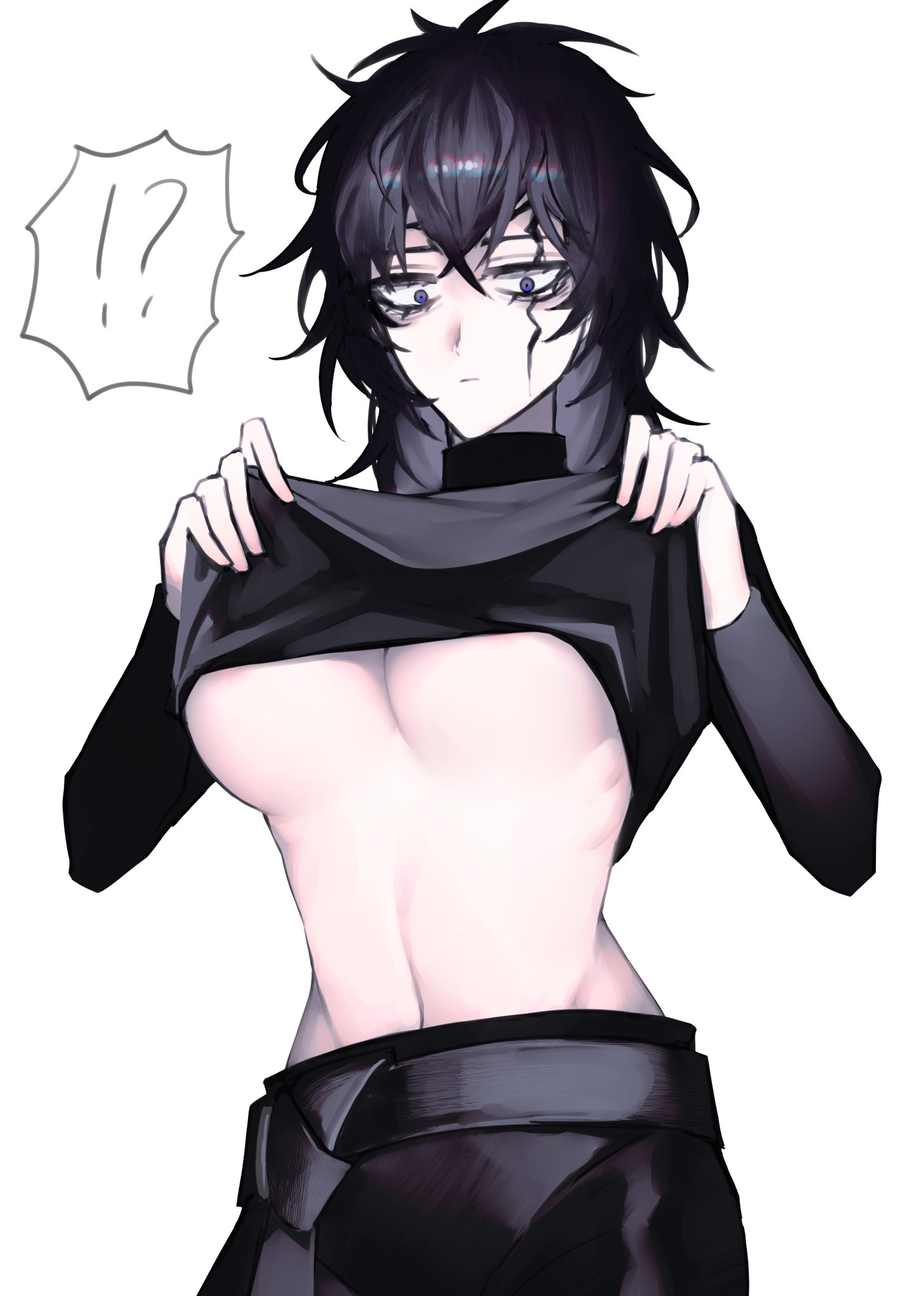 1girls, black clover, black hair, breasts, deadpan, female, female only, flat belly, genderswap, hourglass figure, large breasts, male, male to female, markings, navel, no bra, partially clothed, plain background, rule 63, shirt, shirt lift, shirt pull, shirt up, solo, solo female, stomach, underboob, white background, zenon zogratis