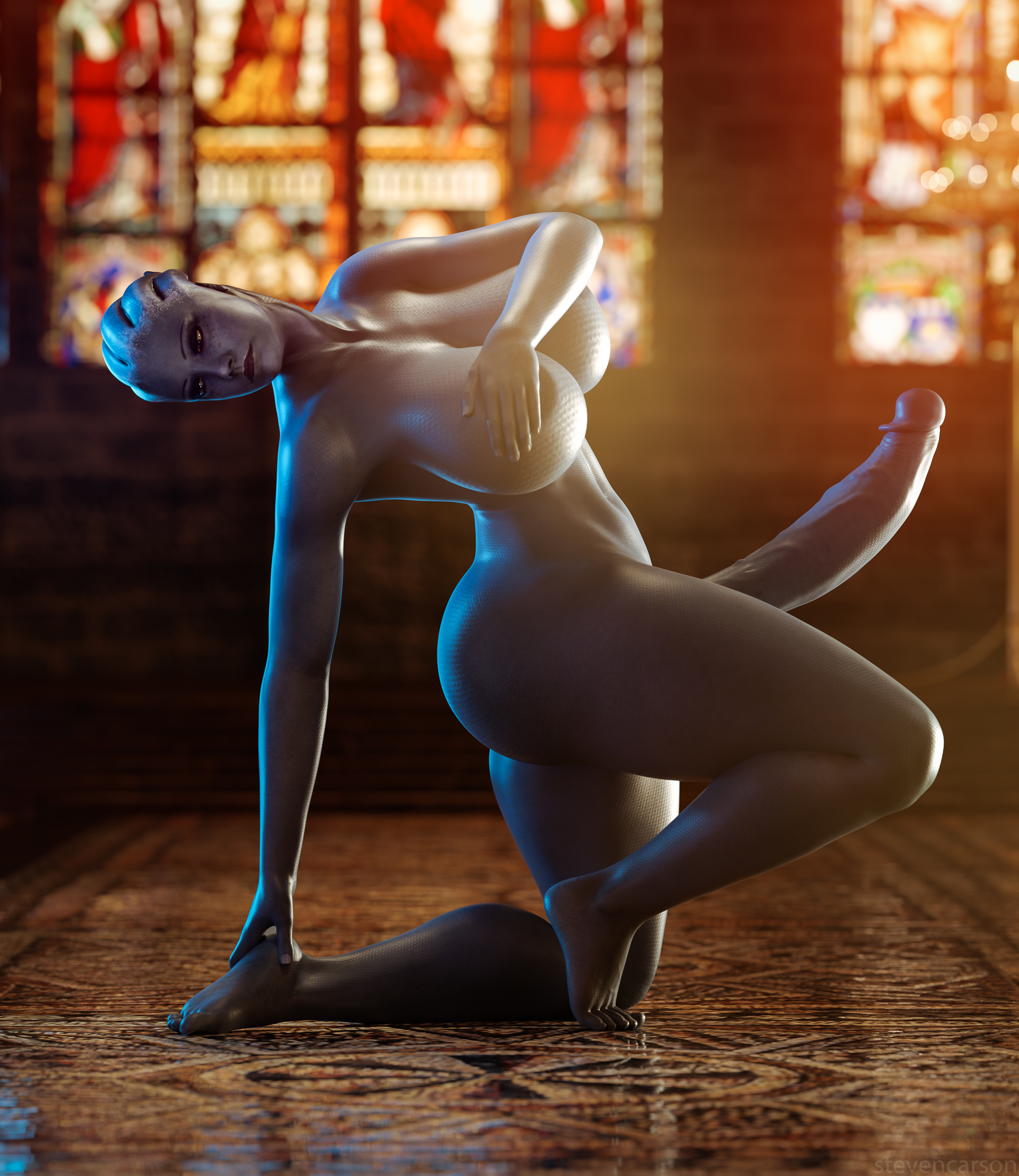 1futa, 3d, areolae, asari, asari futa, ass, balls, breasts, completely nude, covering breasts, curvy, dark skin, dark-skinned futa, erection, futa only, futanari, huge ass, huge breasts, huge cock, hyper, hyper balls, hyper penis, intersex, kneeling, large areolae, liara t'soni, mass effect, nude, penis, realistic, solo, solo futa, stevencarson, testicles, thick thighs, wide hips