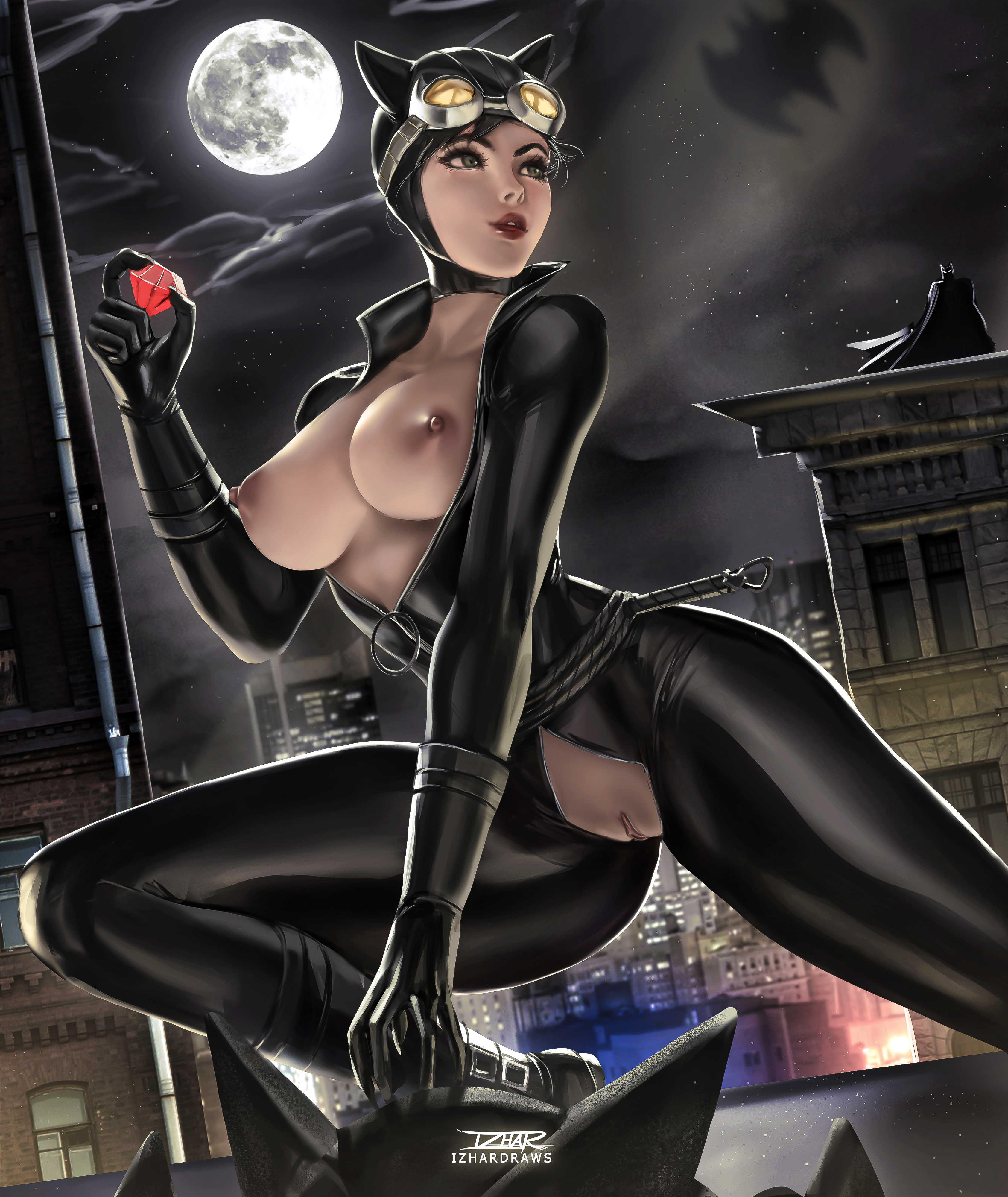 batman (series), breasts, cat ears, catwoman, clothed, colored, cut clothes, dc, dc comics, female, goggles, izhardraws, latex, lipstick, moon, naked, night, nipples, partially clothed, pussy, selina kyle, tight clothing