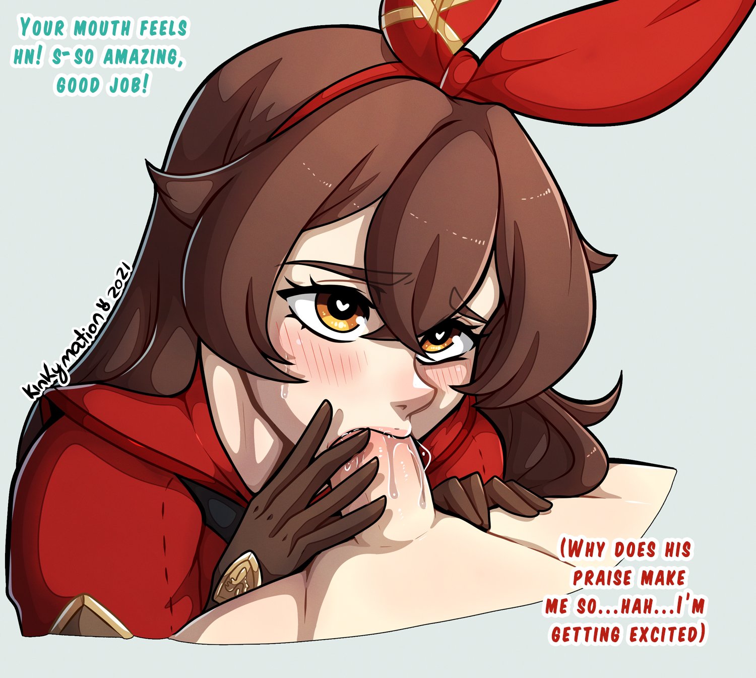1boy, 1girls, aether (genshin impact), amber (genshin impact), amber eyes, big penis, blowjob, blush, brown hair, deep blowjob, deepthroat, duo, fellatio, female, female focus, fringe, genshin impact, heart-shaped pupils, kinkymation, looking at partner, male, mihoyo, oral, penis, praise, straight, teenager, yellow eyes